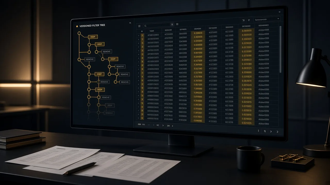 Versioned data filter platform by 3AXIS showing a non-destructive filter tree on imported files