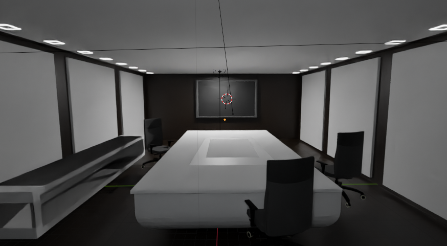 3D virtual private office designed by 3AXIS for a metaverse, with conference table, seating and lighting