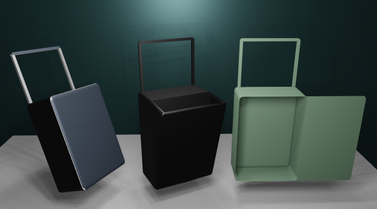 Suitcase product design by 3AXIS for manufacture, showing shell, lid and handle in three finishes